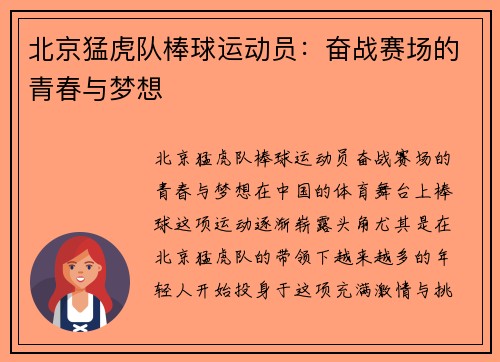 北京猛虎队棒球运动员：奋战赛场的青春与梦想